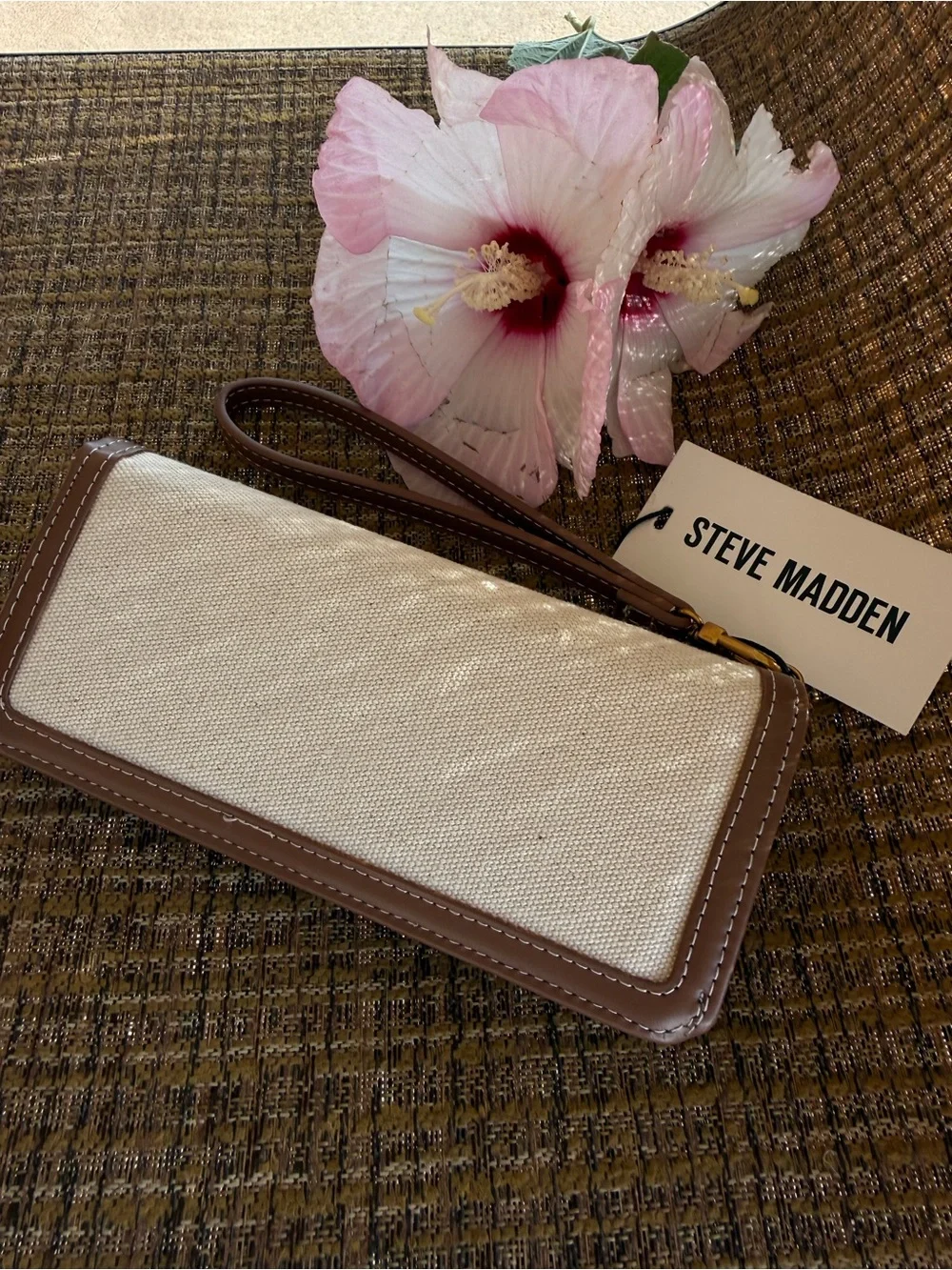 Steve Madden Beige and Taupe Canvas Wristlet with Unique Gold Accent Hardwares